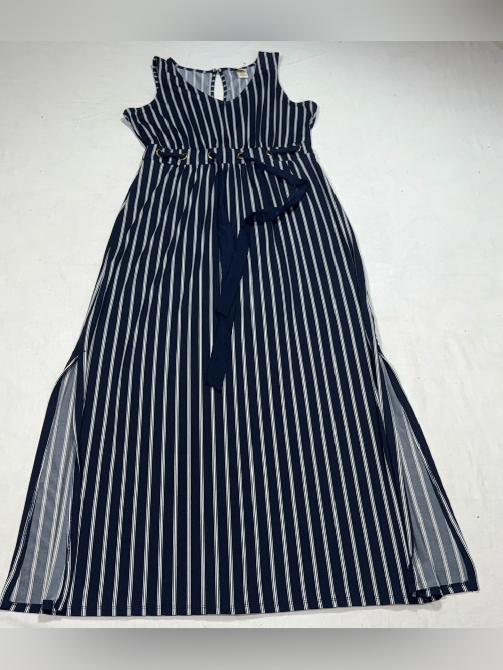 Wrapper Navy White Striped Belted Maxi Dress Sleeveless Size L P60